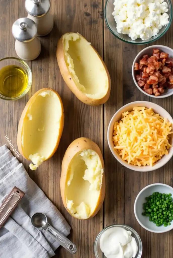 An overhead shot of ingredients for cottage cheese baked potato skins on a wooden table. Ingredients include russet potatoes, cottage cheese, olive oil, salt, pepper, bacon crumbles, cheddar cheese, chives, and sour cream.