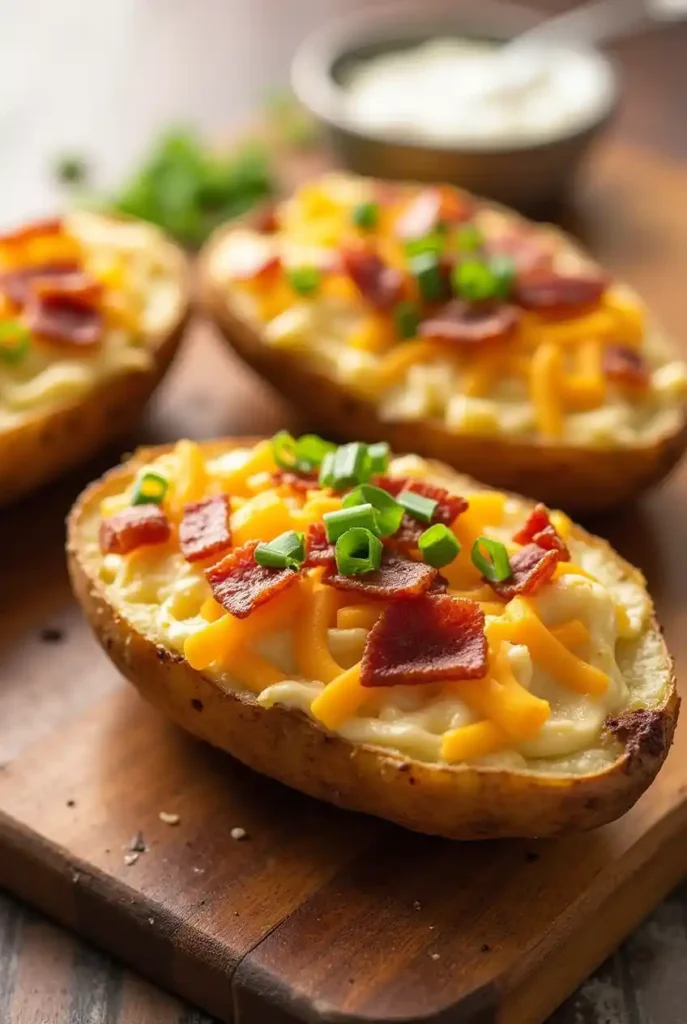Four crispy potato skins filled with a savory cottage cheese, cheddar cheese, bacon, and chive mixture. Garnished with sour cream and green onions.