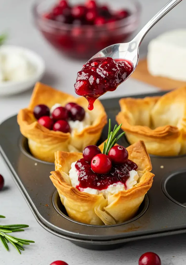 Three golden-brown baked phyllo cups in a mini muffin tin. Two cups are filled with a vibrant cranberry goat cheese filling and garnished with fresh cranberries and rosemary. A spoon holds more filling above a third, empty cup, ready to be filled.