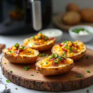 Crispy air fryer potato skins loaded with cottage cheese, cheddar, bacon, and southwest toppings on a wooden board.