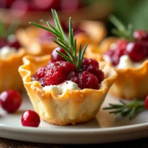 Cranberry Thanksgiving cups with goat cheese filling on a platter, garnished with rosemary and balsamic glaze.