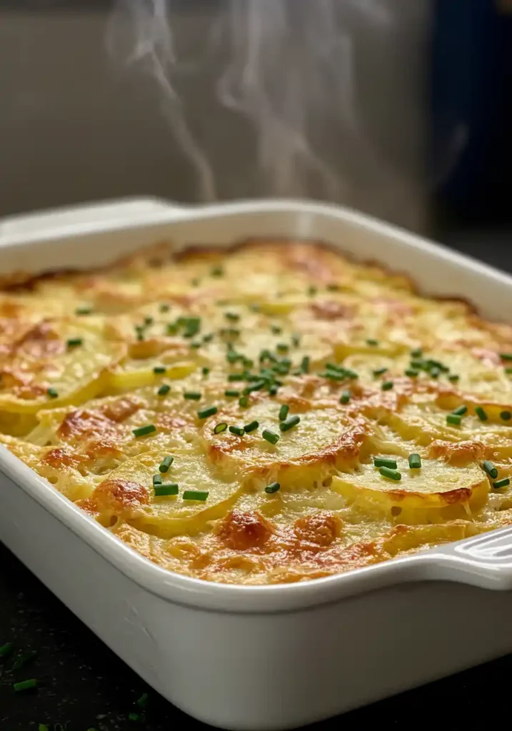 A 9x13 inch baking dish filled with a golden brown and bubbly Starbucks copycat potato chive bake, fresh from the oven with steam rising. Garnished with fresh chives.