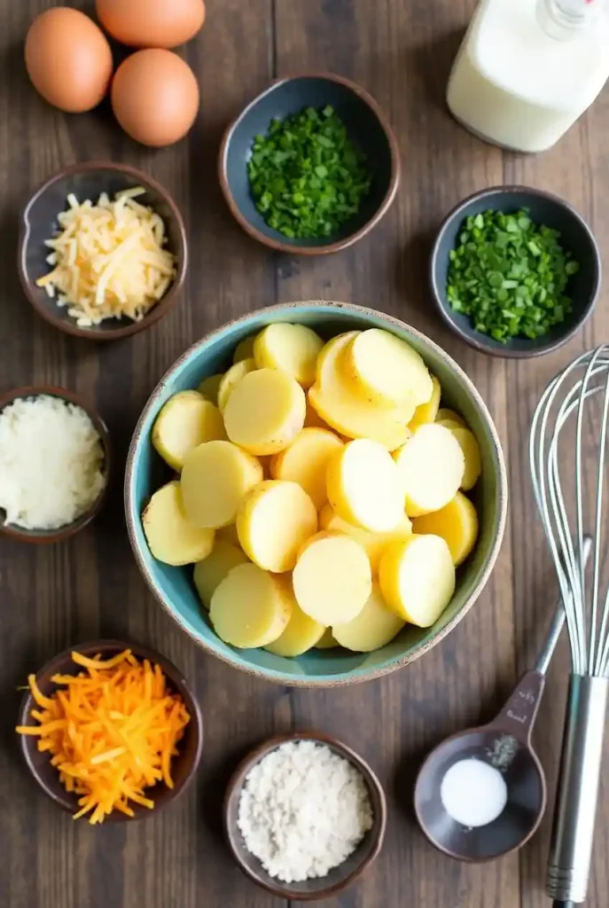 A flat lay image showcasing the fresh ingredients for Starbucks Potato Chive Bake: sliced russet potatoes, chopped chives, shredded cheddar and Gruyere cheese, milk, eggs, butter, flour, salt, and pepper, arranged on a wooden table with measuring spoons and a whisk.