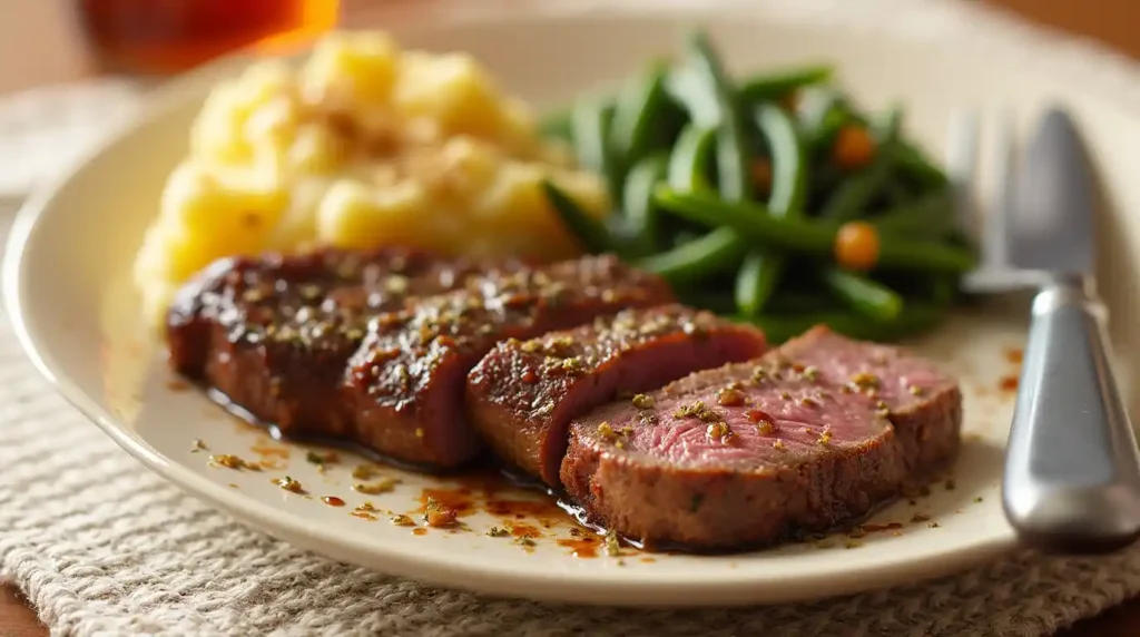 Venison cube steak served with creamy mashed potatoes, roasted root vegetables, green beans, mac and cheese, and elevated sides like spinach and roasted asparagus.